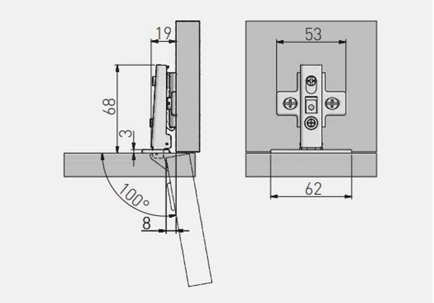 Завіса CONL, накладна, планка H=0 clip-on без єврошурупа уп 200 шт GTV 10020201234 фото